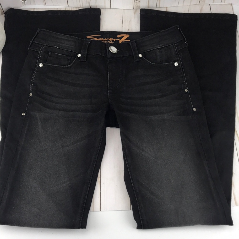 Seven7 Black Flare Cut Jeans Distressed